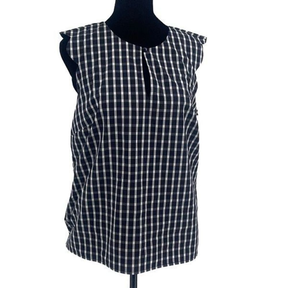 1901 Sleeveless Navy Buffalo Plaid Sleeveless Scalloped Top Blouse Small NWOT